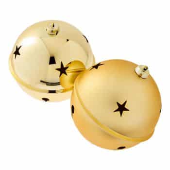 Two shiny gold jingle bells with black star-shaped cutouts, placed next to each other on a white background.