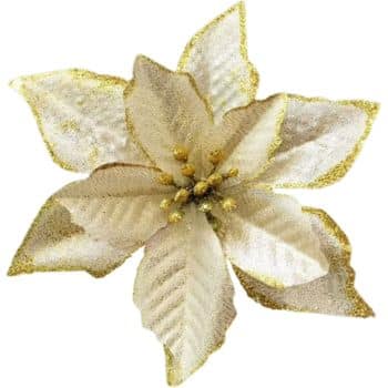 A decorative artificial poinsettia flower with cream-colored petals and gold glitter accents on the edges and center, arranged in layers to create a festive, elegant appearance.