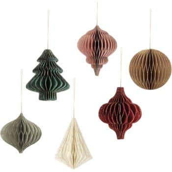 Six paper honeycomb ornaments in various shapes—tree, spheres, diamonds, and teardrops—in muted green, red, gold, and cream colors, each hanging by a string.
