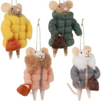 Four felt mouse ornaments wear colorful winter coats—yellow, green, pink with a fur collar, and gray with a white collar. Each mouse holds a small brown or orange bag and hangs from a string.