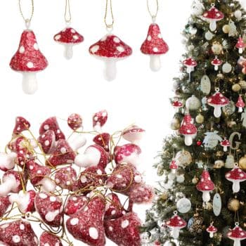 Red and white spotted mushroom ornaments hang on a Christmas tree and are shown in close-up, with several ornaments grouped together, highlighting their whimsical design.