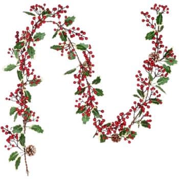 A festive garland made of red berries, green leaves, and pinecones is arranged in a wavy pattern on a white background.