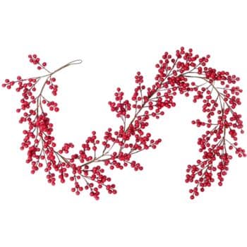 A decorative garland with clusters of bright red berries on brown branches, arranged in an S-shape against a white background.