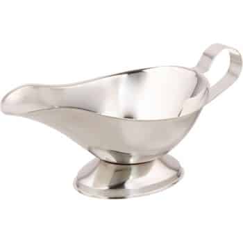A shiny stainless steel gravy boat with a wide spout and a handle, perfect for serving thanksgiving food, placed on a white background.