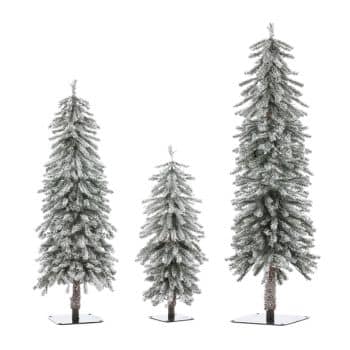 Three artificial pine trees of varying heights with snow-frosted branches, each standing on a square black base against a white background.