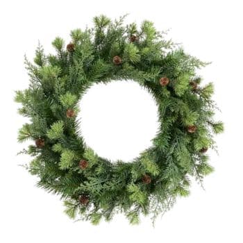A circular green wreath made of pine branches and small pinecones, with an empty center and a natural, festive appearance.