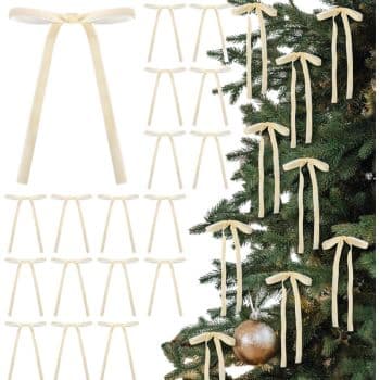 Cream-colored ribbon bows are displayed individually and in groups, with some tied onto the branches of a decorated Christmas tree next to a gold ornament.