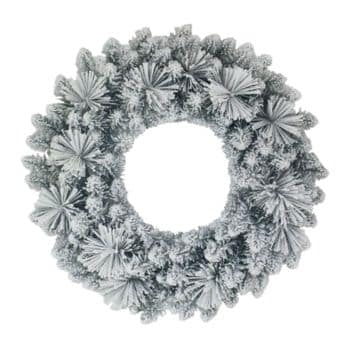 A decorative wreath with a snowy, frosted appearance, featuring textured, spiky elements arranged in a circular pattern on a white background.