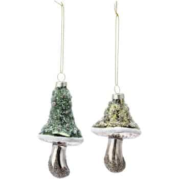 Two glittery mushroom-shaped Christmas ornaments hang by gold strings. One has a green top, the other yellow, both with silver and white accents and textured, sparkly stems.
