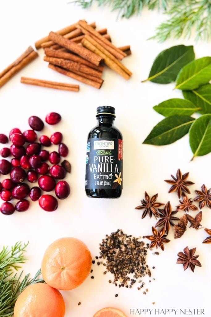 A bottle of pure vanilla extract is surrounded by cinnamon sticks, bay leaves, star anise, cranberries, mandarin oranges, black peppercorns, and evergreen sprigs—perfect ingredients for simmer pot recipes for gifts—on a white background.