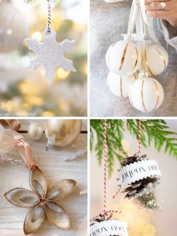 A collage of four Christmas ornaments: a glittery white snowflake, a hand holding four white baubles with gold stripes, a star made from brown cardboard rolls, and pinecones with "joyeux noel" ribbons—perfect for Christmas tree crafts.