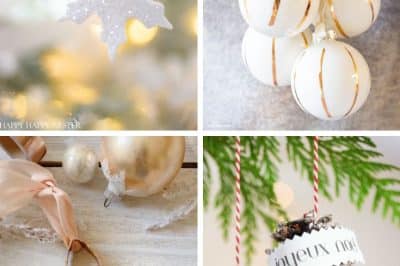 A collage of four Christmas ornaments: a glittery white snowflake, a hand holding four white baubles with gold stripes, a star made from brown cardboard rolls, and pinecones with "joyeux noel" ribbons—perfect for Christmas tree crafts.