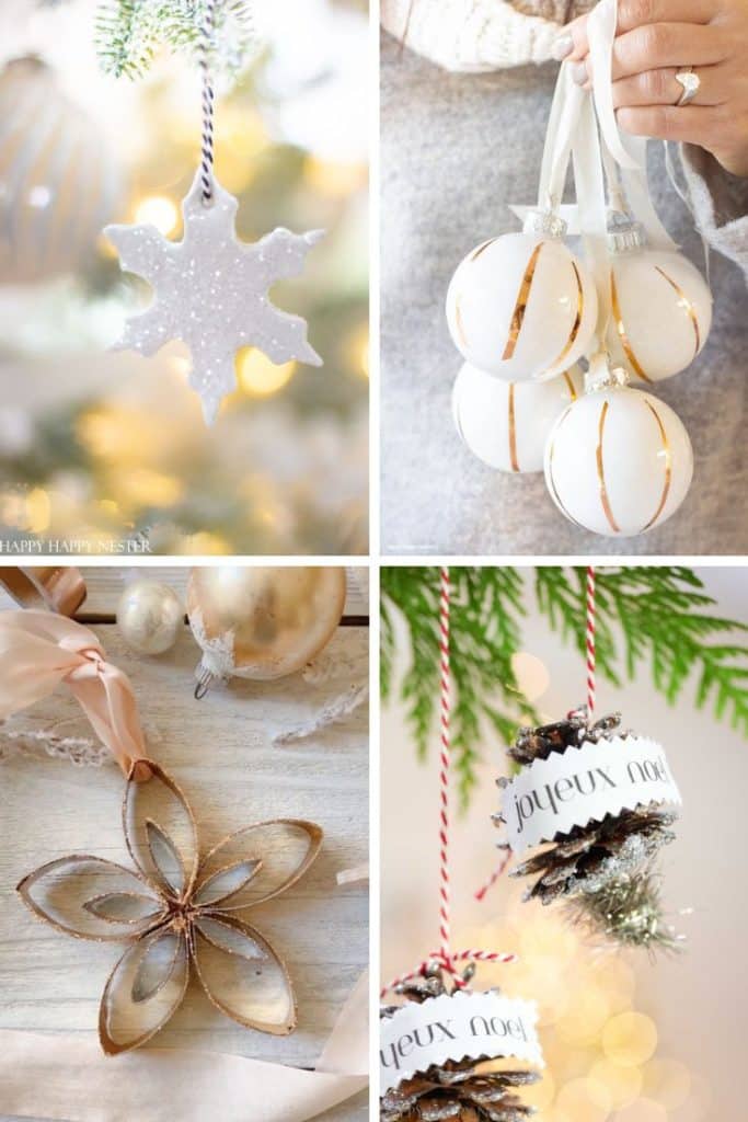 A collage of four Christmas ornaments: a glittery white snowflake, a hand holding four white baubles with gold stripes, a star made from brown cardboard rolls, and pinecones with "joyeux noel" ribbons—perfect for Christmas tree crafts.