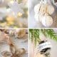 A collage of four Christmas ornaments: a glittery white snowflake, a hand holding four white baubles with gold stripes, a star made from brown cardboard rolls, and pinecones with "joyeux noel" ribbons—perfect for Christmas tree crafts.