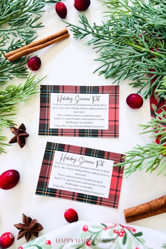 Two holiday simmer pot recipe cards with red and black plaid borders sit on a white surface, surrounded by greenery, cranberries, cinnamon sticks, star anise, and festive decor—perfect simmer pot recipes for gifts this season.