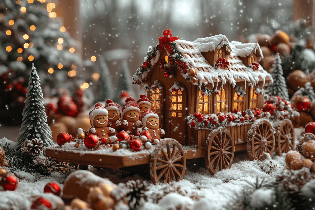 A festive gingerbread house on wheels, inspired by my favorite holiday home crafts, decorated with icing, candies, red ornaments, and surrounded by gingerbread people, snow, and Christmas trees with warm lights glowing inside and twinkling lights in the background.
