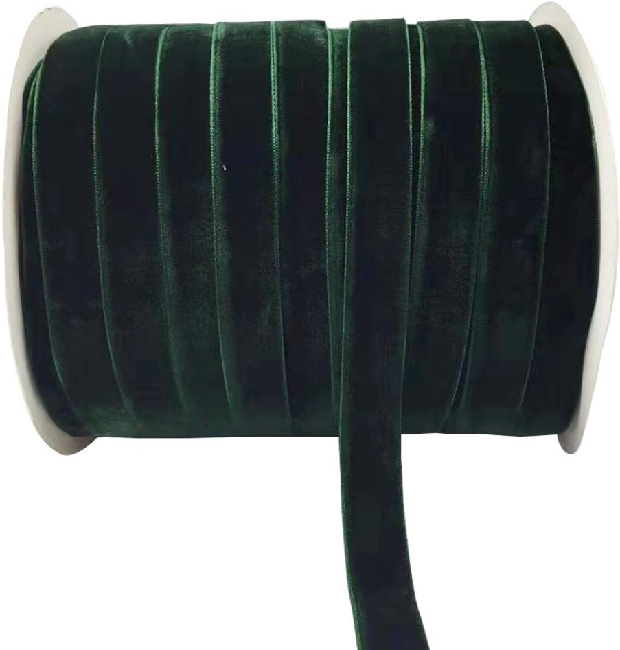 A spool of dark green velvet ribbon with several layers wrapped around it, and one strip hanging down in front—perfect for decorating gifts or adding a touch of elegance to your next simmer pot.
