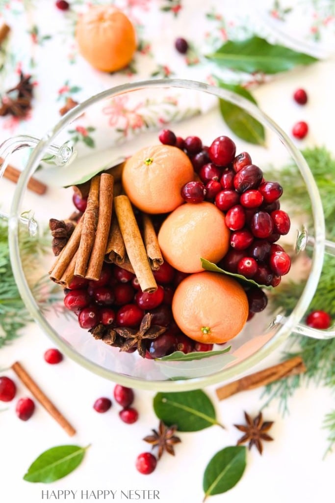 A clear glass bowl filled with fresh cranberries, whole clementines, cinnamon sticks, bay leaves, and star anise sits on a white surface—an inviting display perfect for simmer pot recipes for gifts. Scattered cranberries and spices complete the scene.
