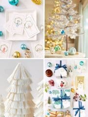 My Favorite Holiday Home Crafts A collage of festive holiday scenes: illustrated gift tags, a silver tinsel Christmas tree with blue and gold ornaments, my favorite holiday home crafts, and gift-wrapped presents with blue ribbons and cheerful accents.