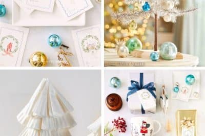 A collage of festive holiday scenes: illustrated gift tags, a silver tinsel Christmas tree with blue and gold ornaments, my favorite holiday home crafts, and gift-wrapped presents with blue ribbons and cheerful accents.