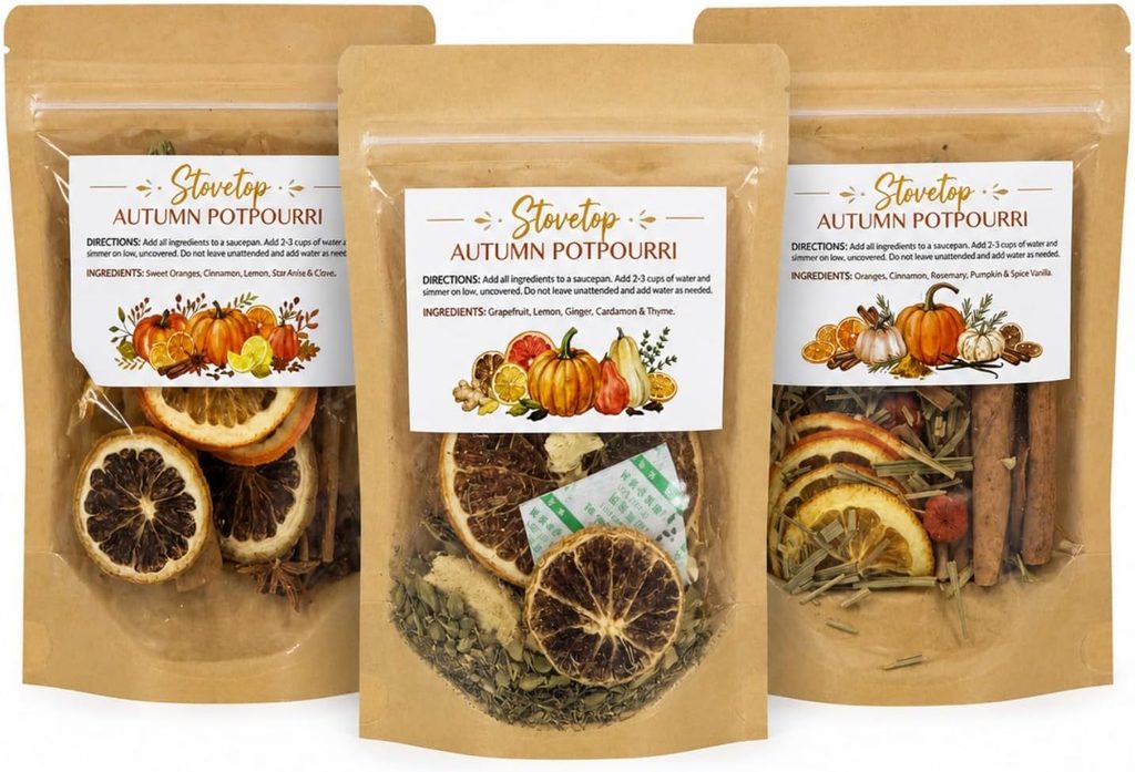 Three stand-up pouches of Stovetop Autumn Potpourri, a popular choice for DIY simmer pot gifts, with labels displaying instructions, ingredients, and illustrations of fruits and spices.