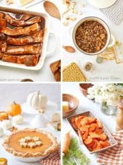 A collage of four thanksgiving food favorites: glazed ribs in a baking dish, a pot of stuffing, pumpkin pie with leaf-shaped crust, and roasted carrots. Each is styled with fall decor and warm lighting for an autumn feast.