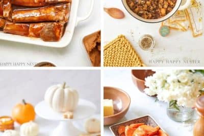 A collage of four thanksgiving food favorites: glazed ribs in a baking dish, a pot of stuffing, pumpkin pie with leaf-shaped crust, and roasted carrots. Each is styled with fall decor and warm lighting for an autumn feast.