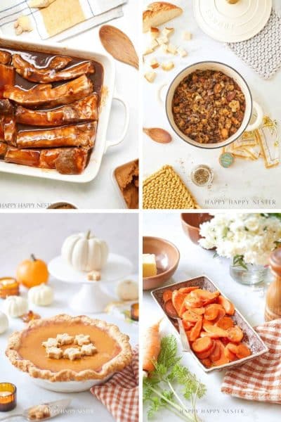 A collage of four thanksgiving food favorites: glazed ribs in a baking dish, a pot of stuffing, pumpkin pie with leaf-shaped crust, and roasted carrots. Each is styled with fall decor and warm lighting for an autumn feast.