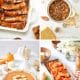 A collage of four thanksgiving food favorites: glazed ribs in a baking dish, a pot of stuffing, pumpkin pie with leaf-shaped crust, and roasted carrots. Each is styled with fall decor and warm lighting for an autumn feast.