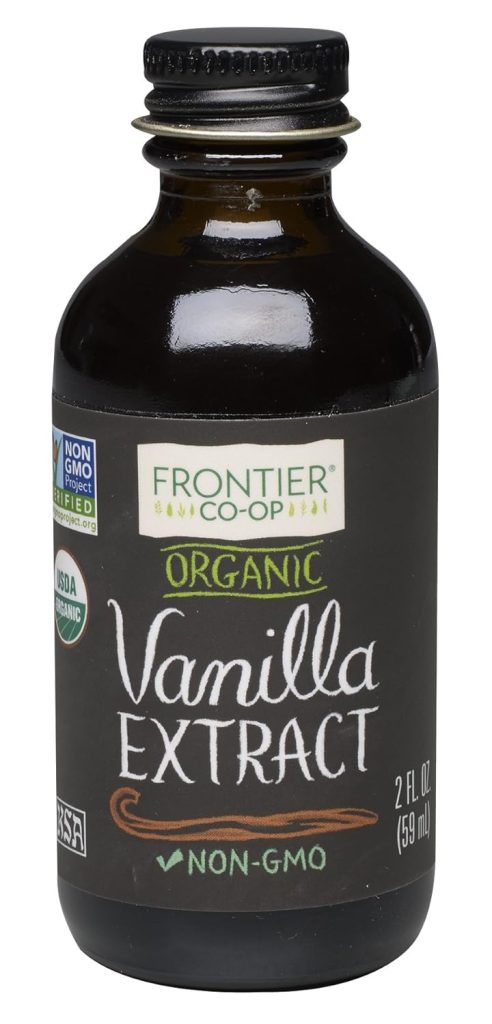 A brown glass bottle labeled "Frontier Co-op Organic Vanilla Extract, Non-GMO, USDA Organic, 2 fl oz (59 ml)" with certification logos on a black background—perfect for simmer pot recipes or thoughtful simmer pot gifts.