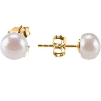 A pair of round white pearl stud earrings with gold posts and butterfly backings, shown against a white background.
