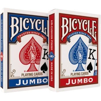 Two boxes of Bicycle Jumbo playing cards, one with a red design and one with a blue design, both featuring a large ace of spades and king of clubs on the front.