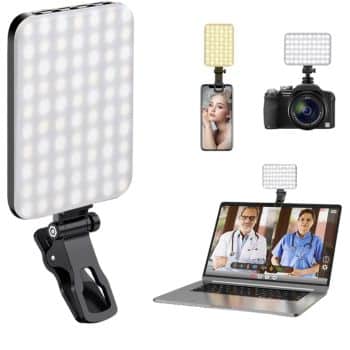 LED panel light with a clip, shown attached to a smartphone, camera, and laptop. The light is used for improving photo, video, or video call quality.