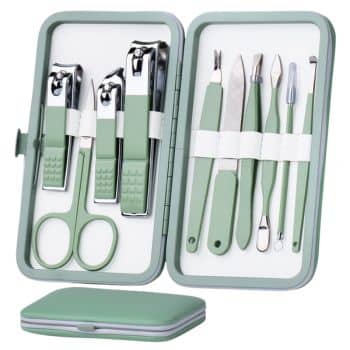 A green and silver manicure and pedicure set in an open case, containing nail clippers, scissors, tweezers, a nail file, cuticle tools, and a closed view of the case beside it.