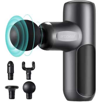 A black handheld massage gun with the brand name "arboleaf," shown with five interchangeable attachment heads displayed alongside it. Blue lines illustrate vibration or motion from the main attachment.