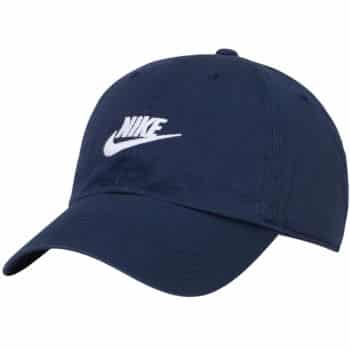 A navy blue Nike baseball cap with a curved brim and the white Nike logo and swoosh embroidered on the front.
