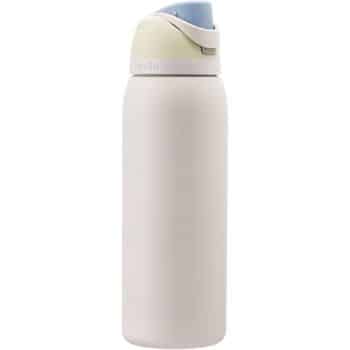 A white reusable water bottle with a rounded body and a light blue flip-top lid, featuring a pale yellow accent near the cap. The bottle is standing upright against a plain white background.