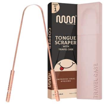 Copper tongue scraper with a travel case shown next to its packaging, which features a smiling face illustration and text stating "Tongue Scraper with Travel Case, Improves Oral Hygiene, Pack of 1.
