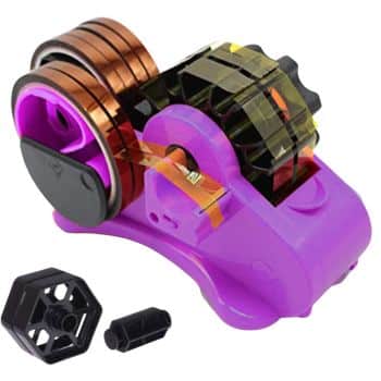 A compact, purple automatic tape dispenser with copper-colored tape rolls installed, a partially extended strip of tape, and two black detachable components beside the device—my favorite gift wrap inspiration for any occasion.