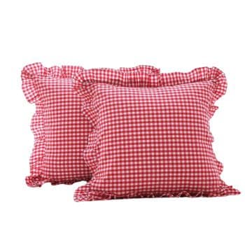 Two square throw pillows with red and white gingham checkered patterns and ruffled edges are placed side by side against a white background.