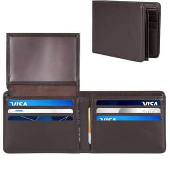 A dark brown leather wallet shown open with multiple credit cards in its slots, and a transparent ID pocket. A separate image shows the wallet closed from an angle.