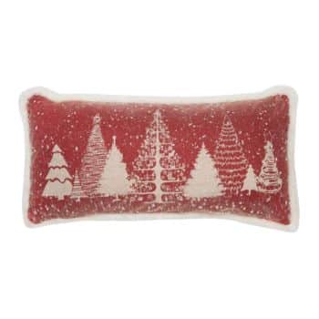 Rectangular red pillow with white silhouettes of various Christmas trees and a snowy pattern, bordered by a white edge.