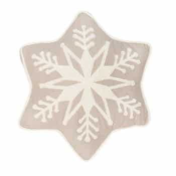 A beige, star-shaped mat with a large white snowflake design in the center.