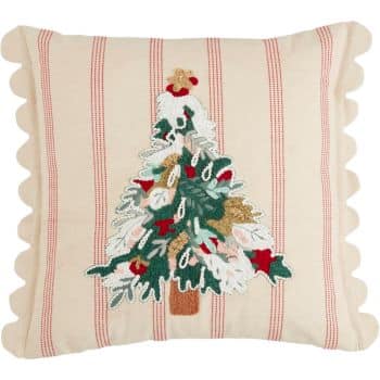Square pillow with red stripes and scalloped edges, featuring an embroidered Christmas tree decorated with ornaments and a star on top, on a cream-colored background.