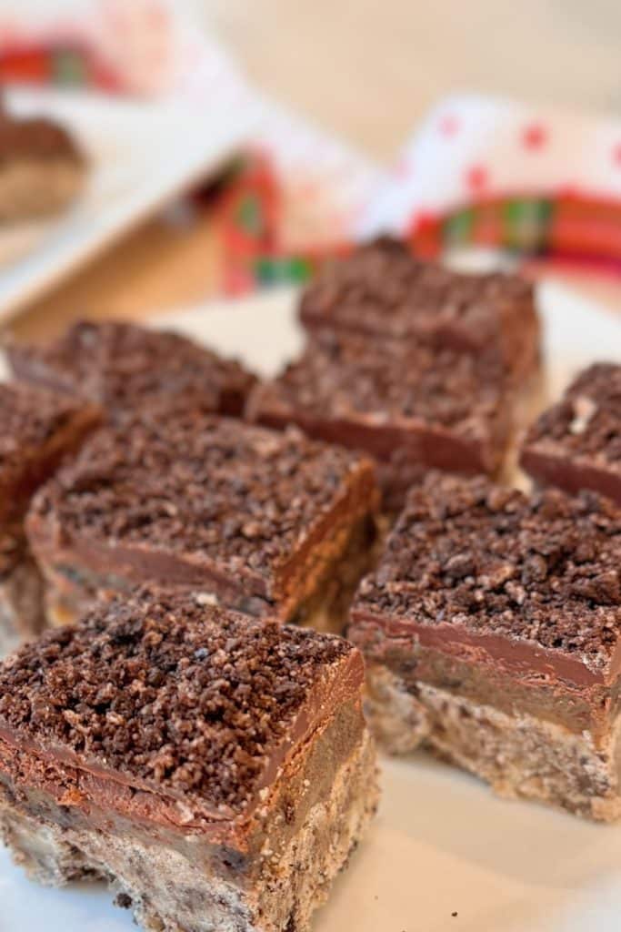 Close-up of several chocolate layered dessert bars with a crumbly top and cookie-like base, arranged on a white plate—perfect inspiration for your next Molded Cookies Recipe. A festive, colorful napkin is blurred in the background.
