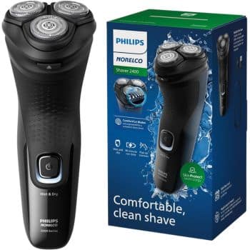 A Philips Norelco electric shaver is shown next to its box, which displays the shaver and highlights features like "Comfortable, clean shave" and "Wet & Dry." The packaging has a blue and green design.