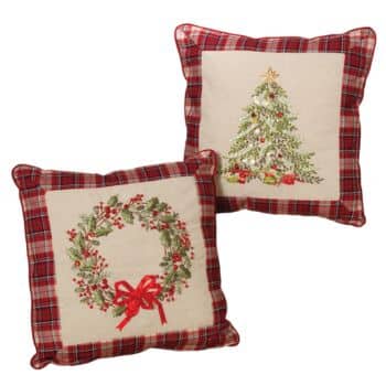 Two square pillows with red plaid borders. One pillow features an embroidered Christmas wreath with a red bow, and the other shows an embroidered Christmas tree with gifts underneath.