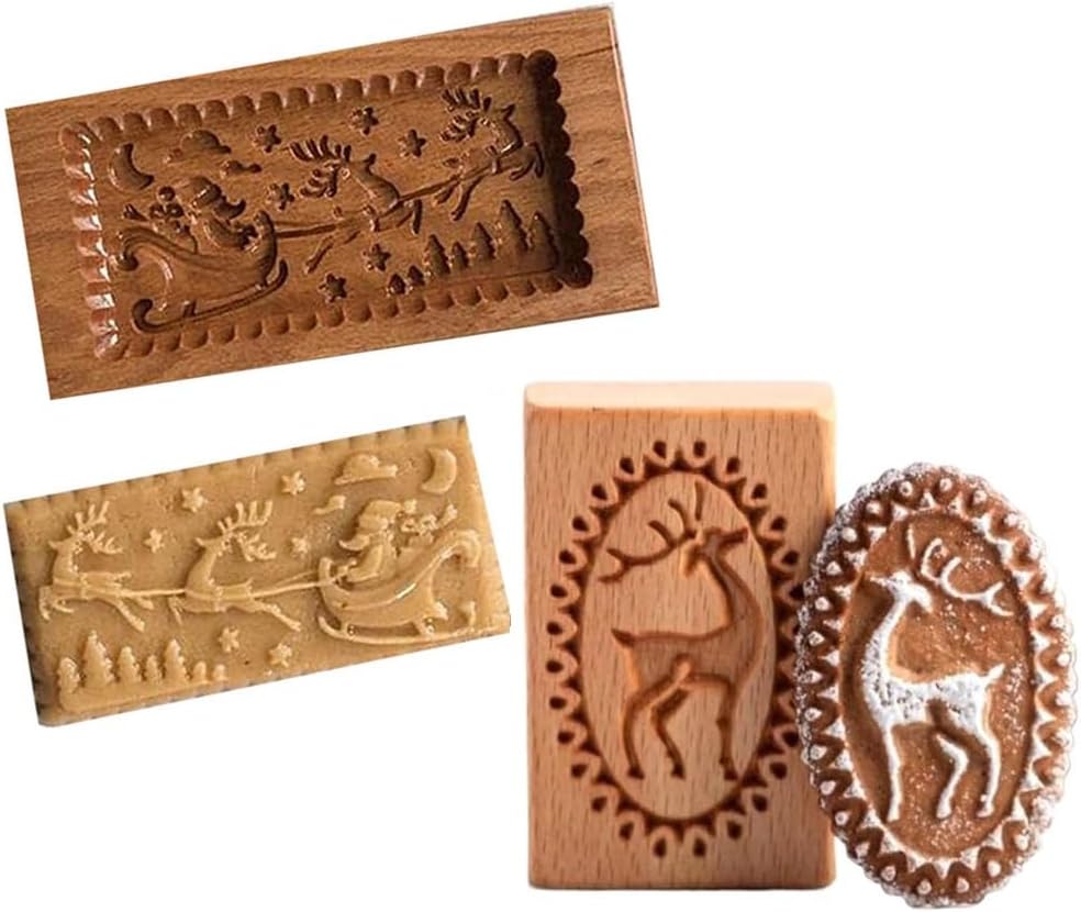 Two wooden cookie molds with carved reindeer and sleigh designs are shown alongside molded cookies created with the same festive holiday patterns, perfect for trying your favorite molded cookies recipe.