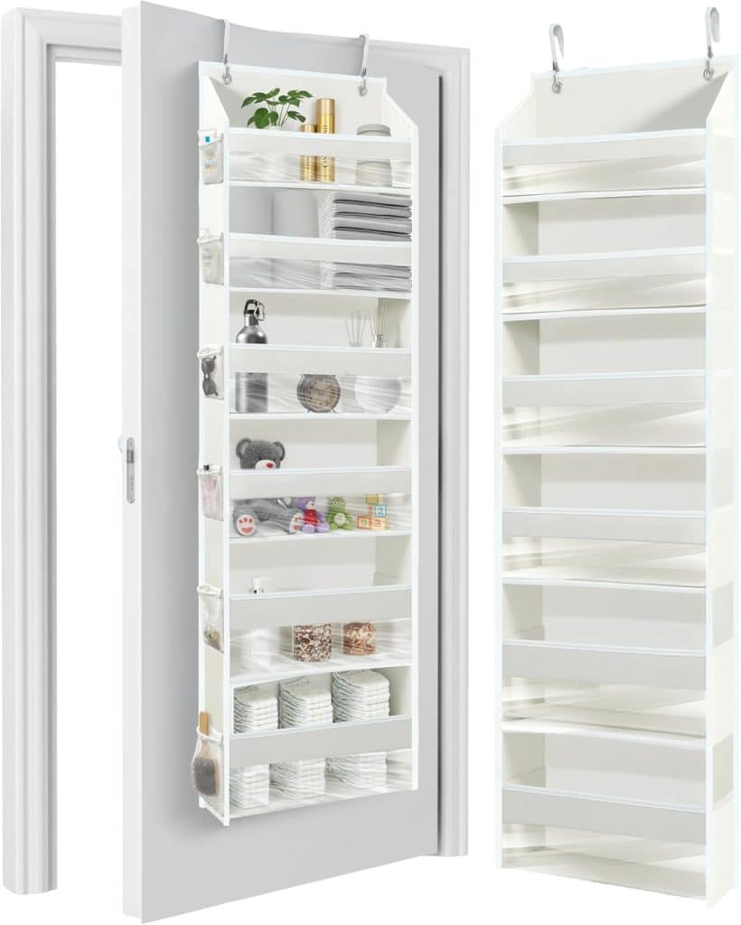 Two white over-the-door hanging organizers with multiple shelves; one is filled with items like towels, jars, and toiletries—including my favorite gift wrap inspiration—while the other is empty, highlighting the ample storage space.