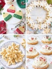 My Favorite Christmas Cookies A collage of my favorite Christmas cookies: knit hat-shaped treats, a wreath of snowflake cookies, a plate of golden snowflake cookies, and festive snow globe cookies topped with holiday designs.